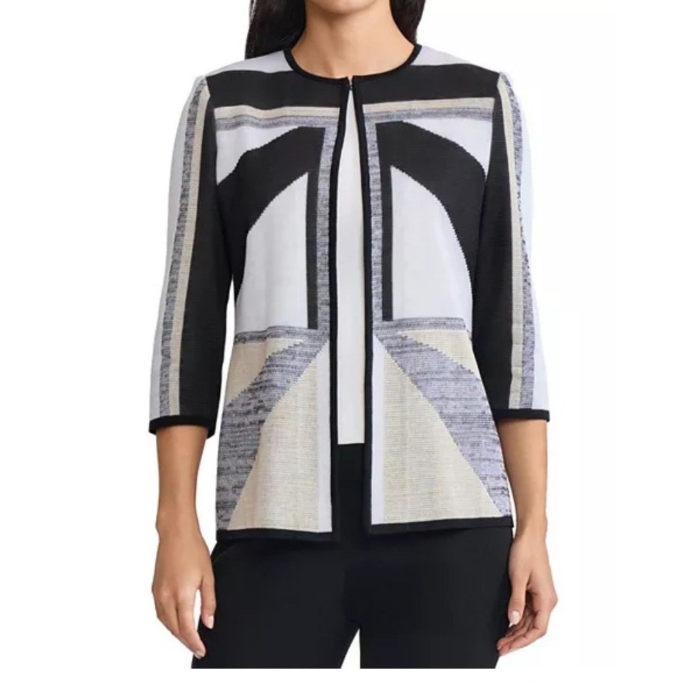 Ming Wang Geometric Abstract Knit Jacket Size L Open Front Quiet Luxury Career